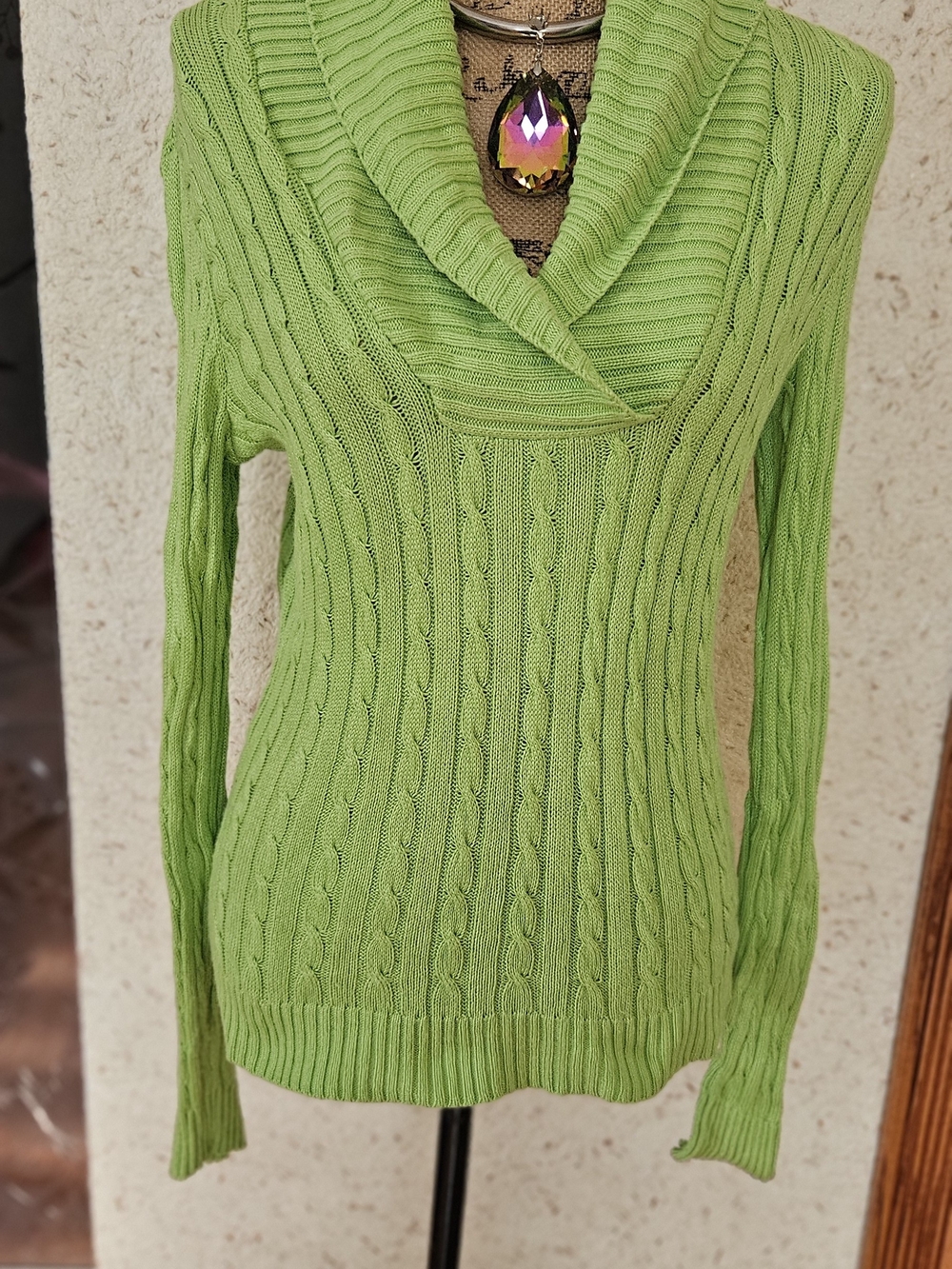 Ralph Lauren Lime Green Cable-Knit Shawl Collar Sweater